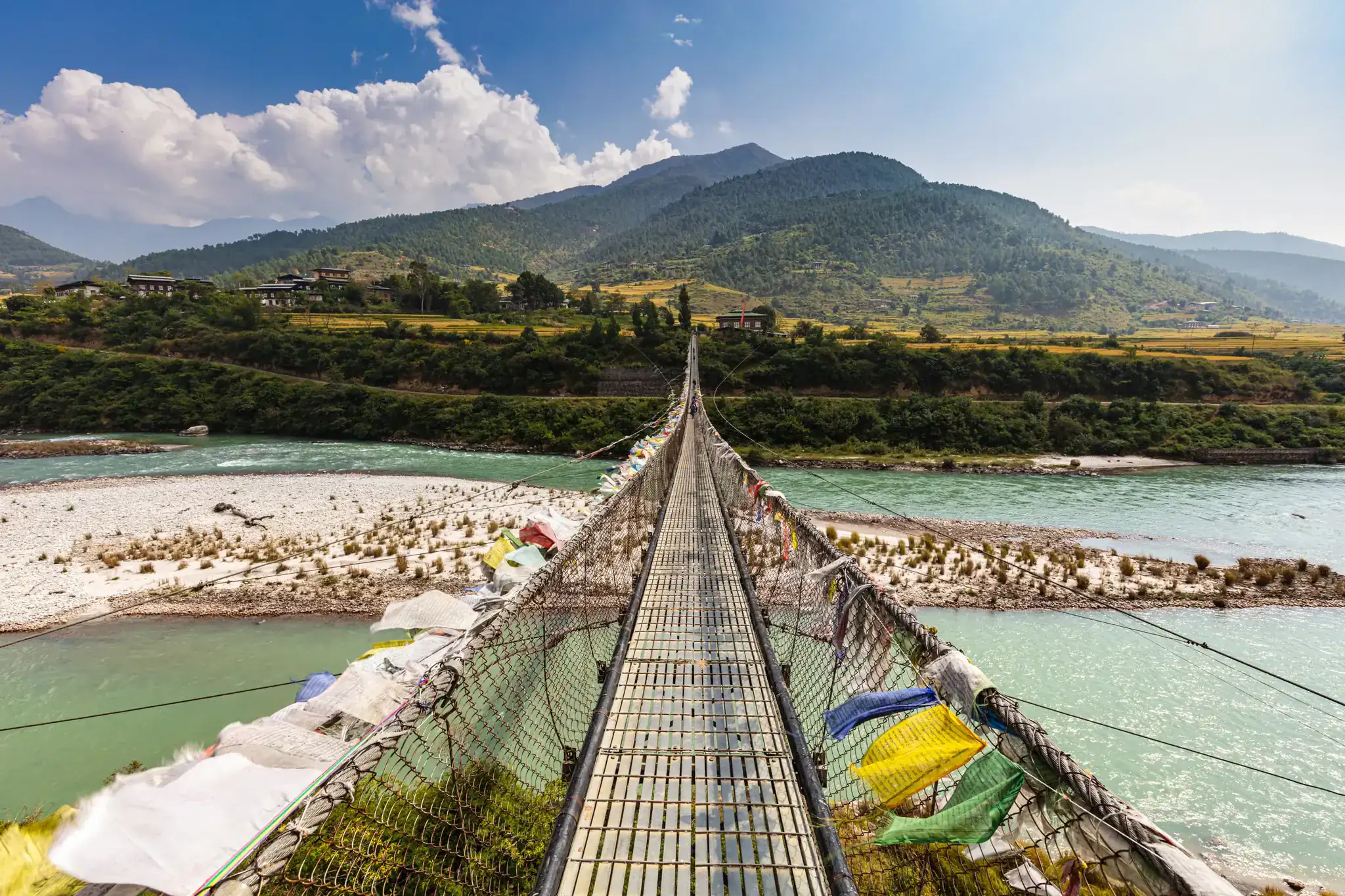 Suspension bridge across the river in Punakha, Bhutan
