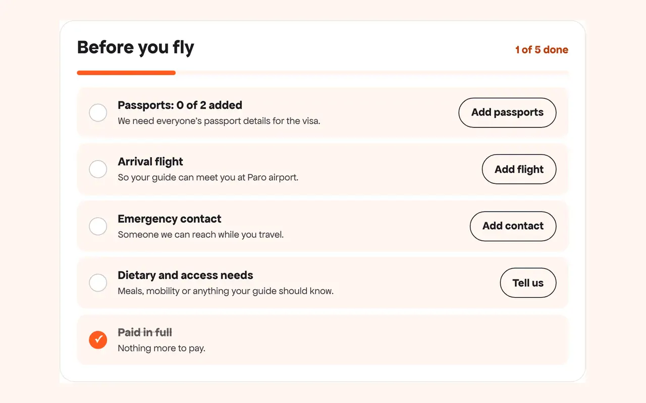 The Before you fly checklist with buttons to add passports, a flight and an emergency contact