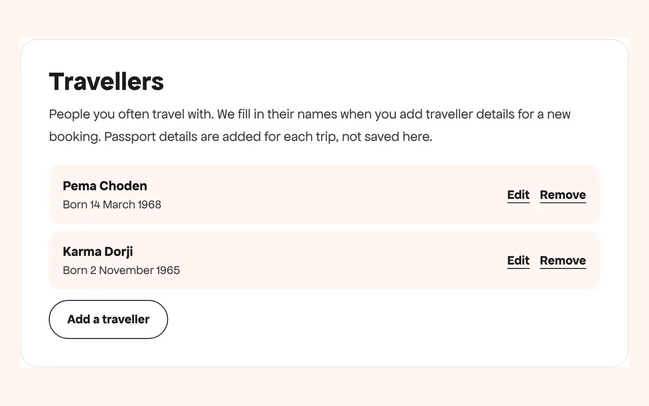 The Travellers section in Settings with two saved travellers