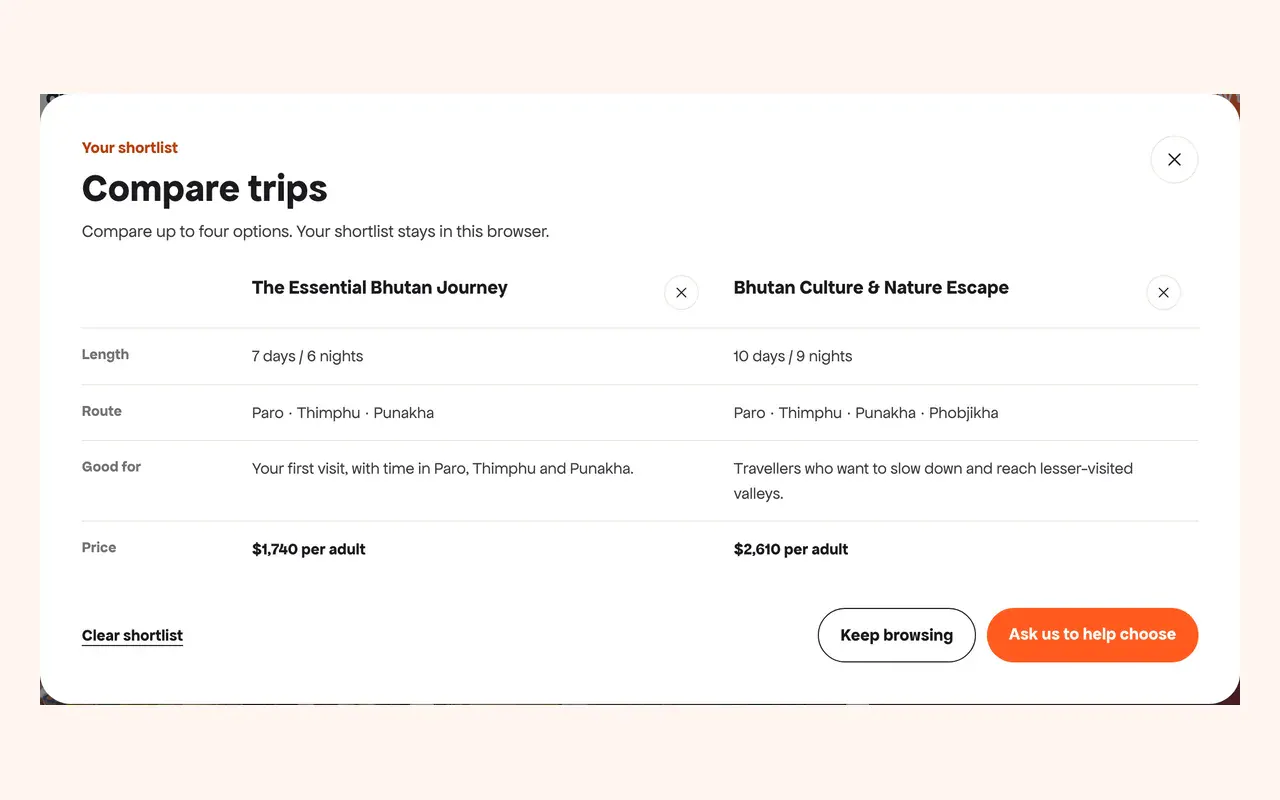 The Compare trips window with two tours side by side