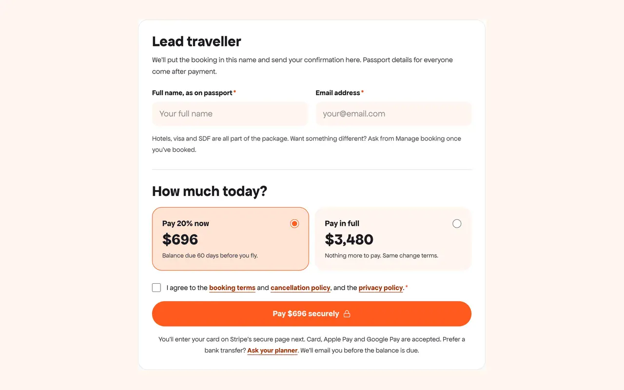 The checkout form asking for the lead traveller's name and email